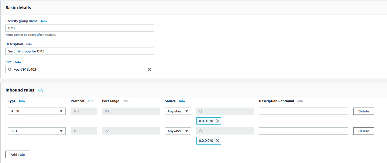 Create Security Group AWS Console