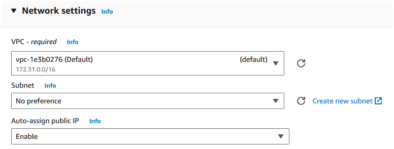 In the "Network settings", click on "Edit" button and select the default VPC