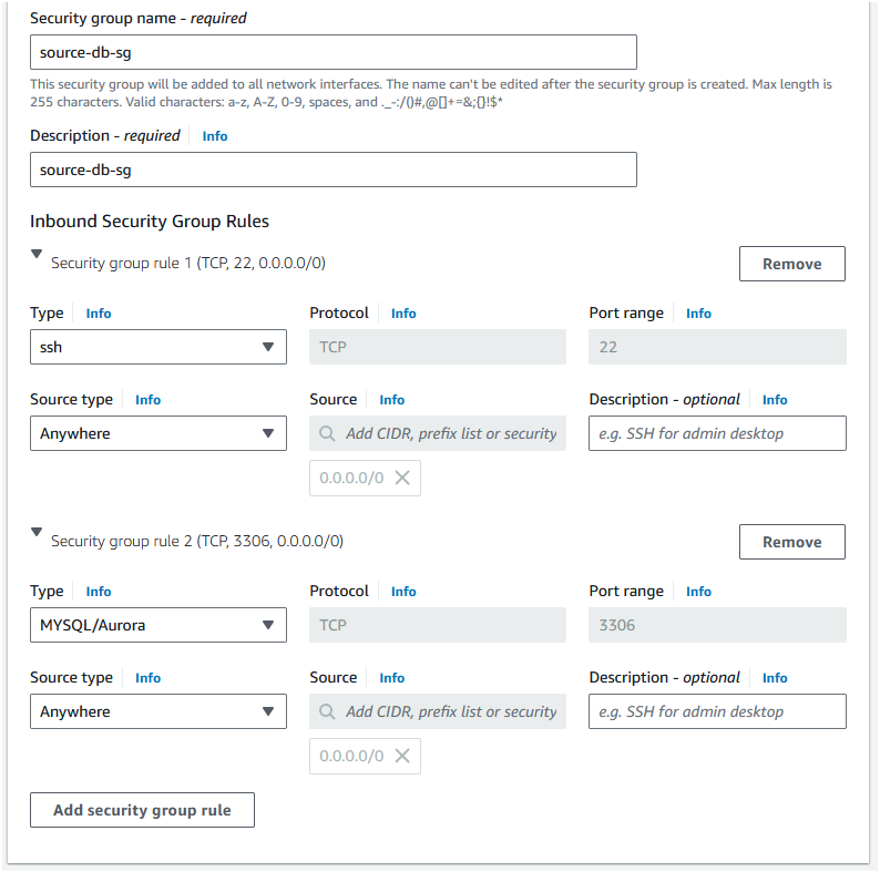 Select "Create security group" and set the "Security group name" as "source-db-sg"