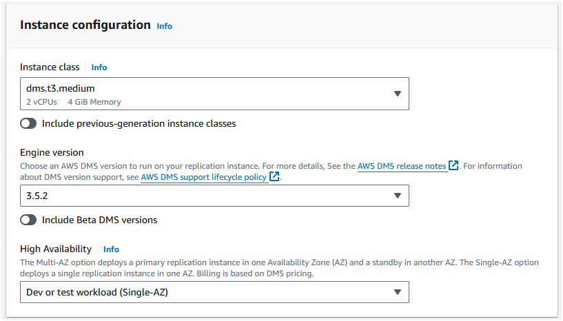 In the "Instance configuration", leave "Instance class" and "Engine version" unchanged