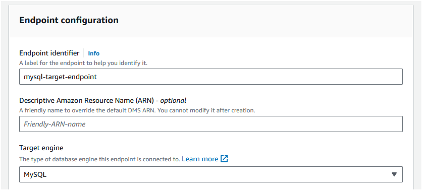 In "Endpoint configuration", set the "Endpoint identifier" as "mysql-target-endpoint"