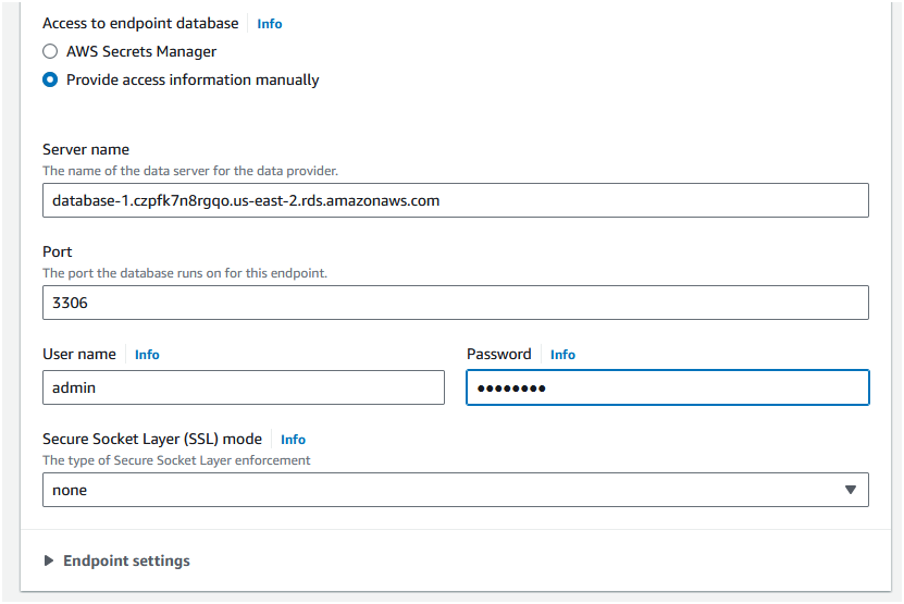 Change the "Access to endpoint" settings as "Provide access information manually"