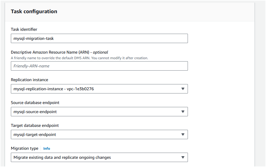 In the "Task configuration" section, set the "Task identifier" as "mysql-migration-task"