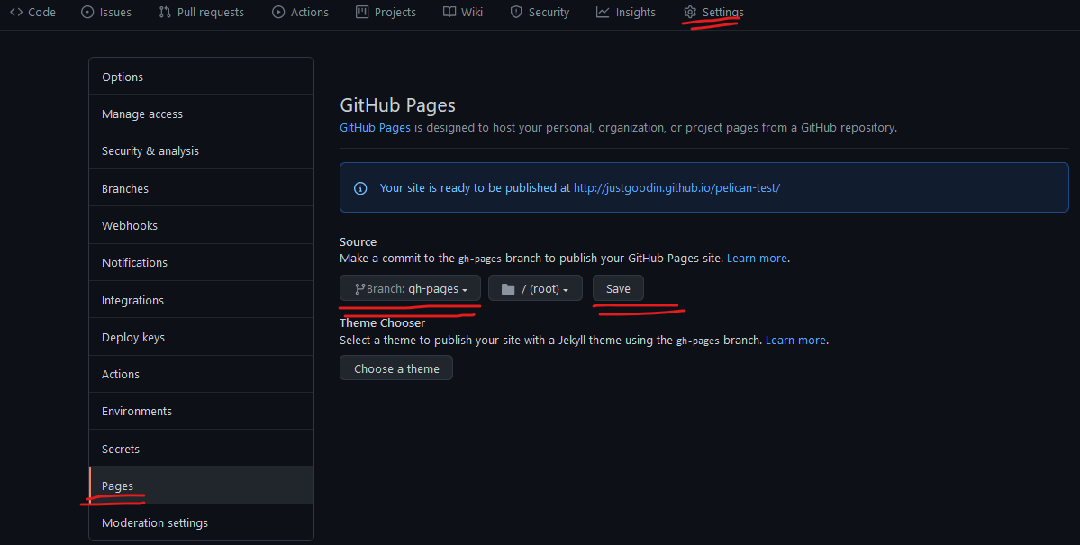Github pages settings
