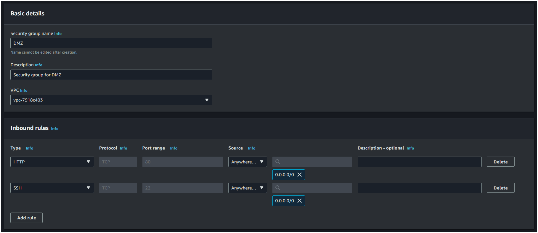 Create DMZ security group