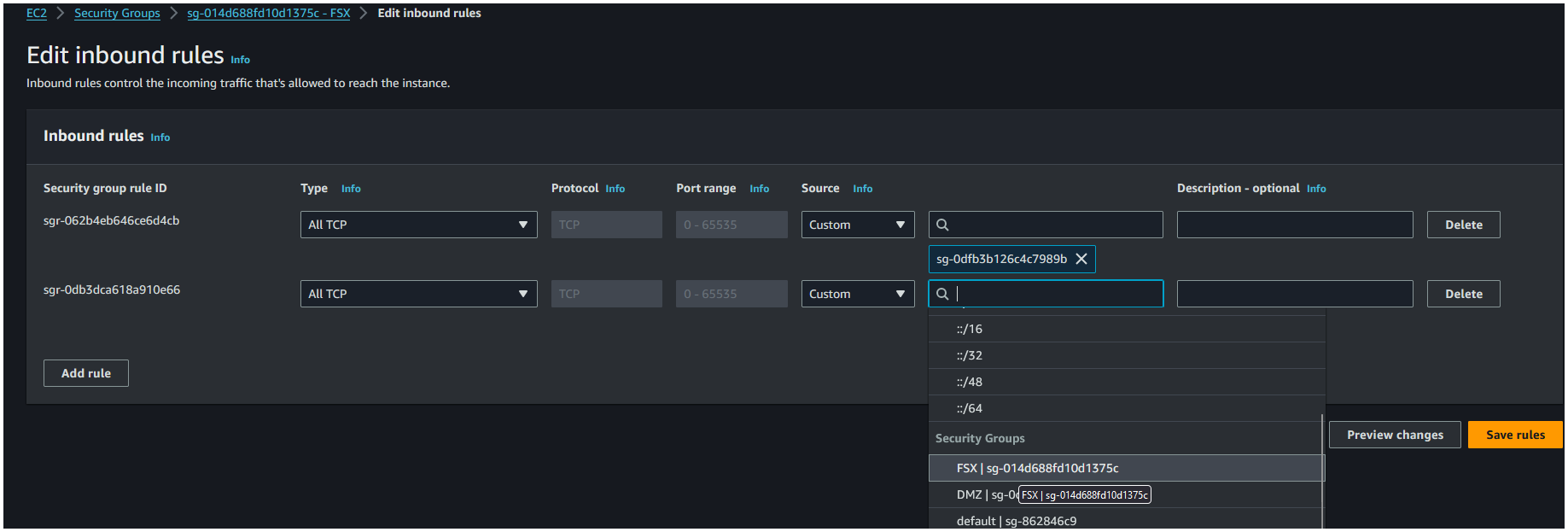 Create FSX security group