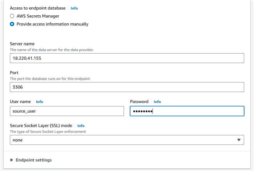 Set the "Server name" as the public IP of the EC2 instance where the source database is running