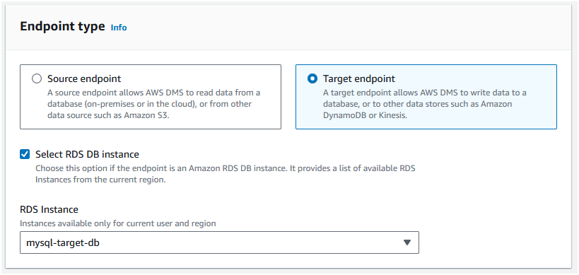 Choose the RDS instance that we created earlier as the target endpoint